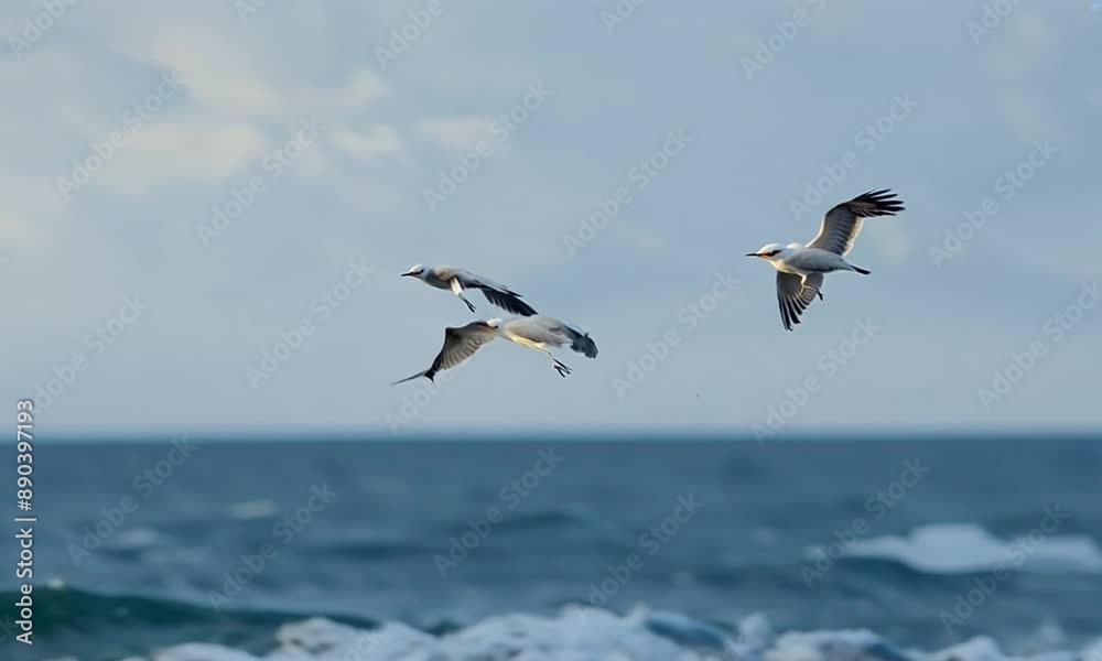 A flock of seagulls flying over the ocean. The sky is blue and the water is icy A flock of seagulls flying over the ocean. The sky is blue and the water is icy