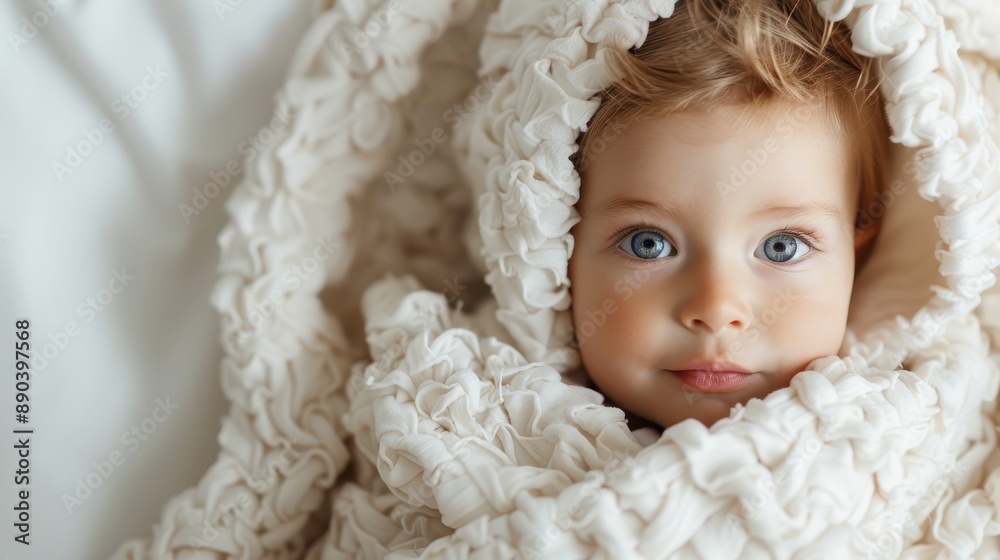 A bright-eyed baby with slightly wavy hair is wrapped cozily in a soft, intricately designed white blanket, creating an image of innocence and comfort. A bright-eyed baby with slightly wavy hair is wrapped cozily in a soft, intricately designed white blanket, creating an image of innocence and comfort.