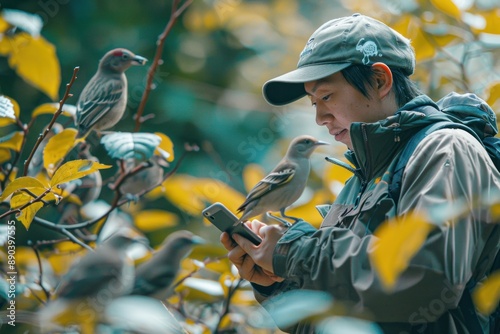 A bird watcher uses a mobile app to log bird sightings and contribute to citizen science projects. The observer is in a picturesque location, surrounded by various bird species. The image emphasizes photo