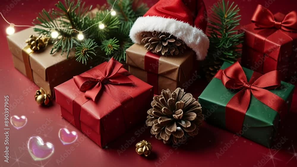 gift box decoration with Christmas theme, pine tree leaves, with red background, seamless looping 4k video animation background gift box decoration with Christmas theme, pine tree leaves, with red background, seamless looping 4k video animation background