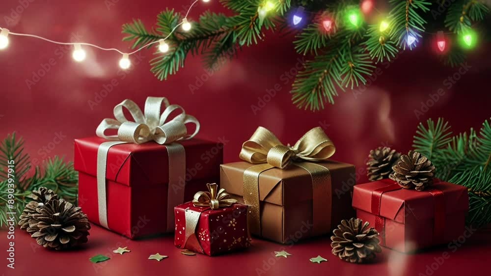 gift box decoration with Christmas theme, pine tree leaves, with red background, seamless looping 4k video animation background gift box decoration with Christmas theme, pine tree leaves, with red background, seamless looping 4k video animation background