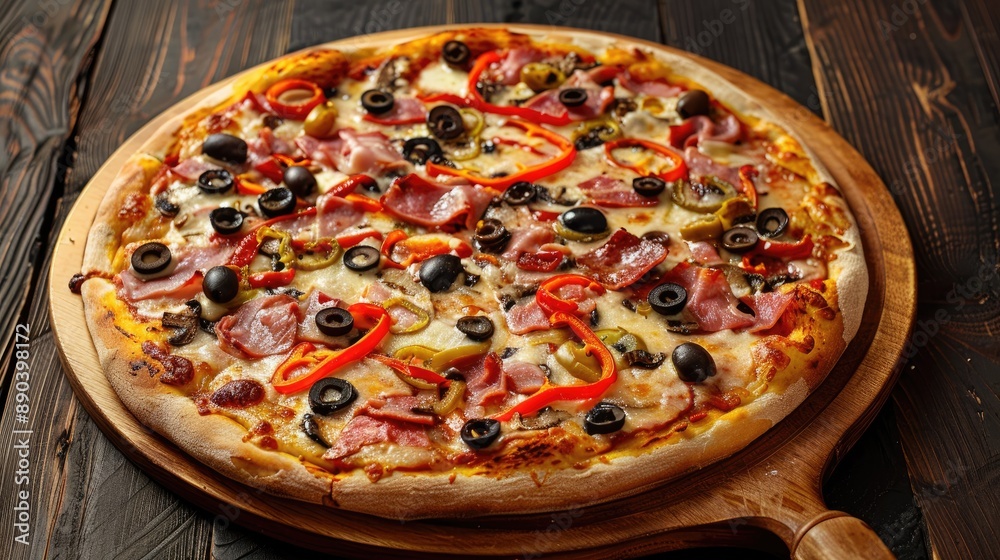 Ham pepper and olives pizza on a wooden serving board Ham pepper and olives pizza on a wooden serving board