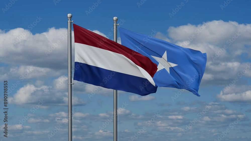 Somalia and Netherlands flags flying together, video concept of the relationship, two country cooperation concept Somalia and Netherlands flags flying together, video concept of the relationship, two country cooperation concept