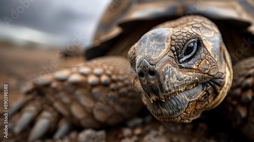 A close-up image of a tortoise's face showcasing the intricate details and textures of its scales and shell, highlighting the natural beauty of this reptile in its habitat.