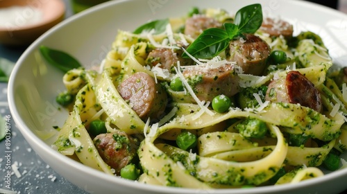 Healthy Homemade Pasta with Spinach Pesto Peas Sausages and Parmesan Cheese