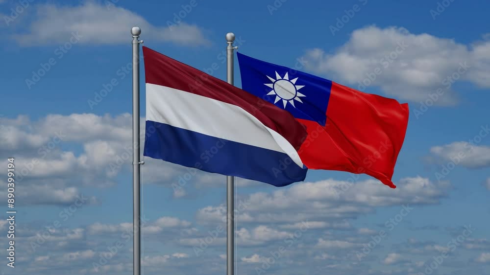 Taiwan and Netherlands flags flying together, video concept of the relationship, two country cooperation concept Taiwan and Netherlands flags flying together, video concept of the relationship, two country cooperation concept