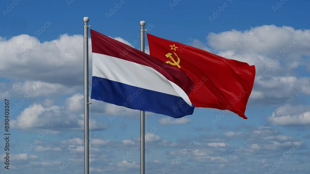 Soviet Union or USSR and Netherlands flags flying together, video concept of the relationship, two country cooperation concept Soviet Union or USSR and Netherlands flags flying together, video concept of the relationship, two country cooperation concept