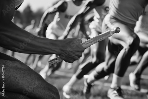 Nostalgic 1960s Relay Race in Black and White - Vintage Sports Attire and Athletes Passing Baton