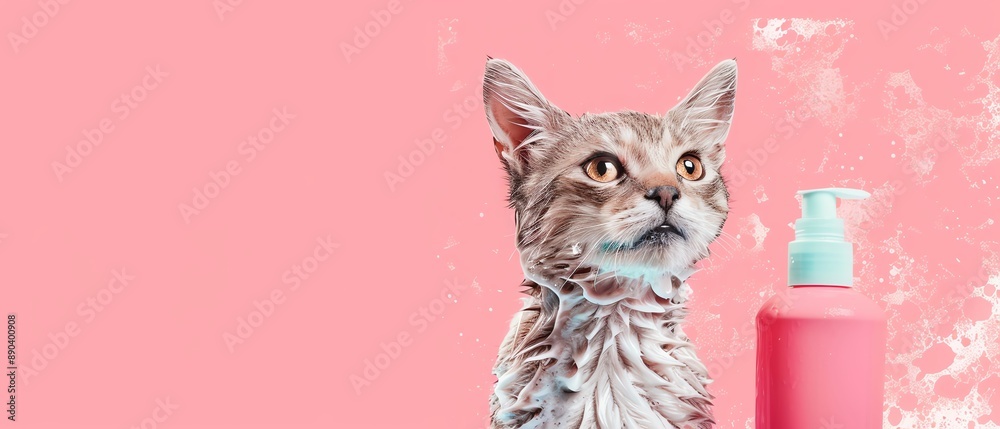 Obraz premium Shampoo for pet care, nurturing and protective scene, watercolor style, object, deep depth of field, no blur,