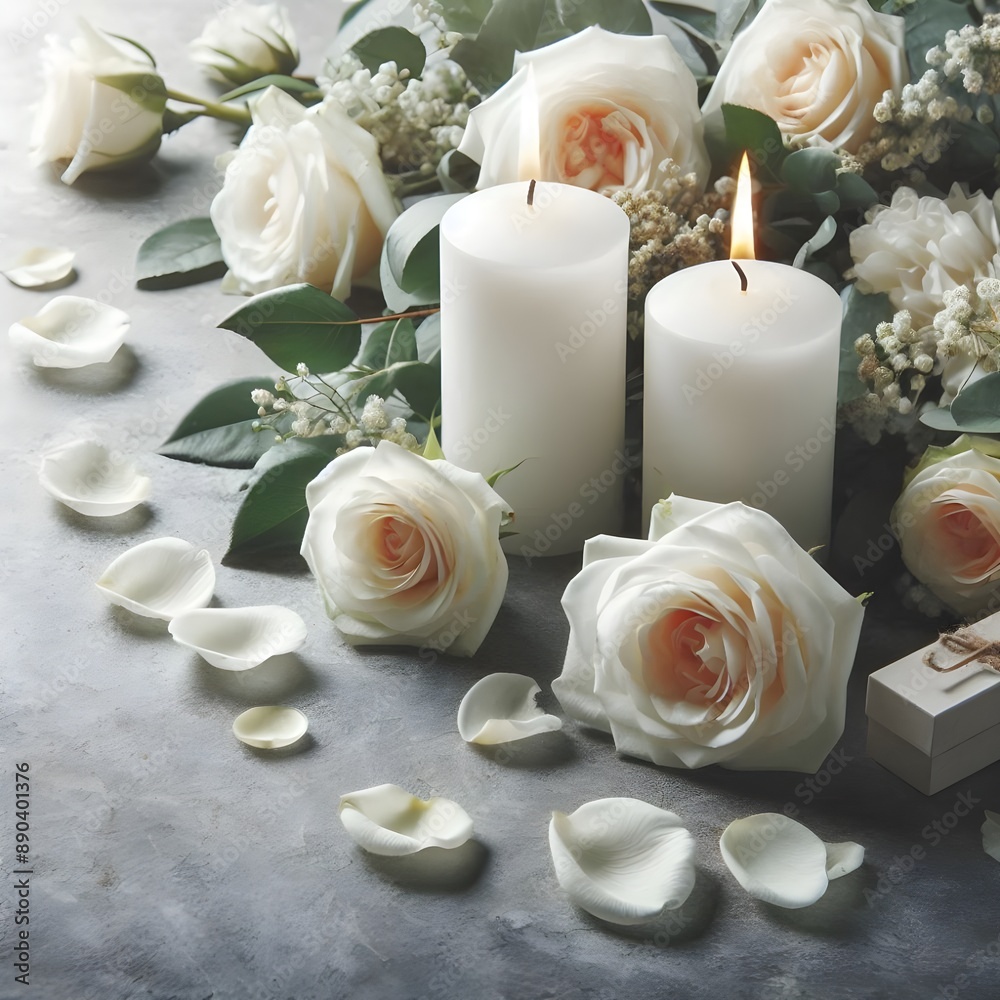 White Roses and Burning Candles on a Table in a Dimly Lit Room White Roses and Burning Candles on a Table in a Dimly Lit Room