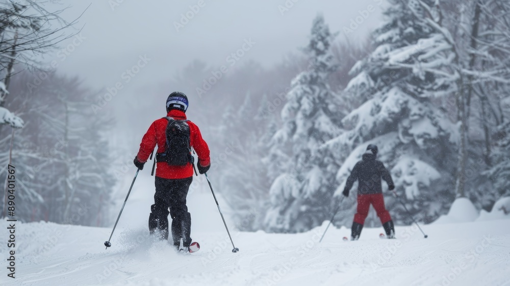 Blind Skier with Guide Navigating Snowy Slope - Winter Sports Scene Demonstrating Teamwork and Skill Blind Skier with Guide Navigating Snowy Slope - Winter Sports Scene Demonstrating Teamwork and Skill