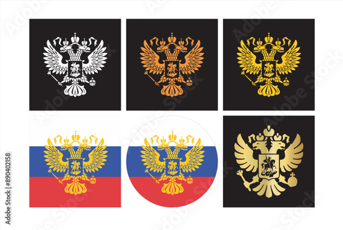 set of 6 Double headed eagle icon. Coat of arms of Russia. Design element. Color vector illustration.Vector art of Russian national emblem in simple format