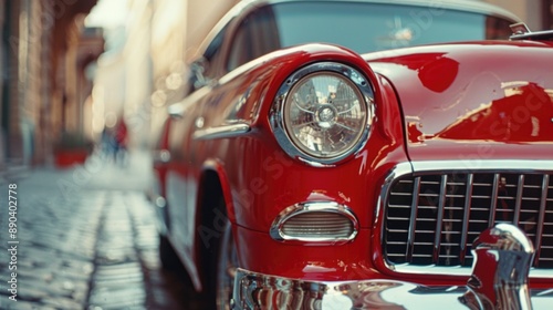 A red classic car with chrome details in a vintage and retro style.