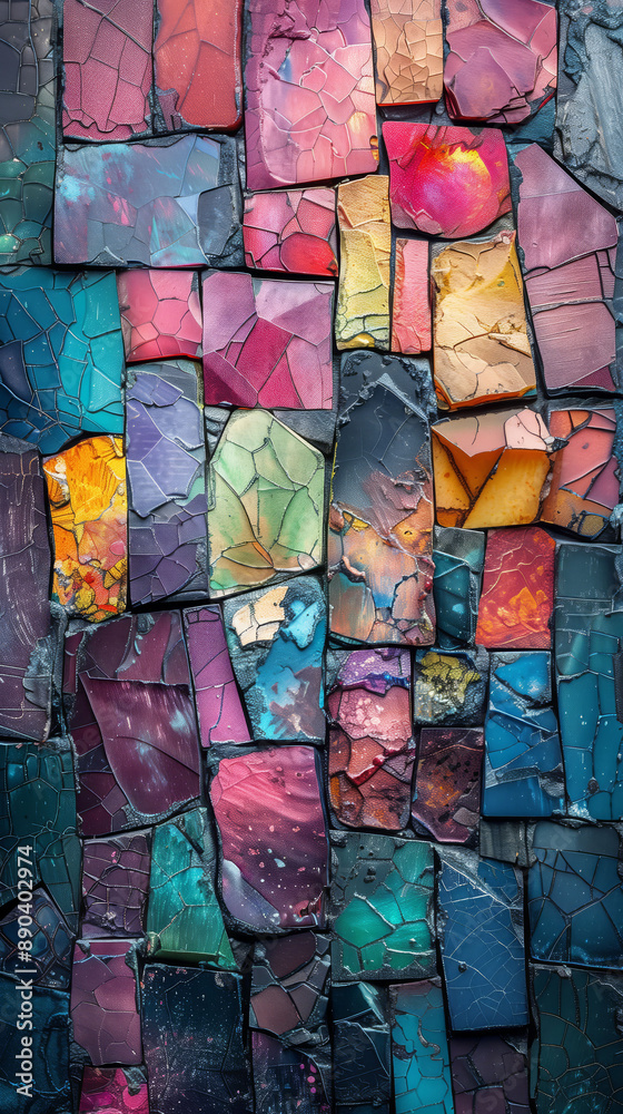 The colorful mosaic of broken and cracked tiles creates a vibrant artistic pattern, contemporary wall art concept The colorful mosaic of broken and cracked tiles creates a vibrant artistic pattern, contemporary wall art concept