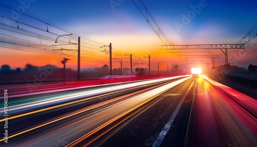 Grainy gradients of vintage abstract decorative colored light passes above the road and the traffic jam on a railway crossing with street lights at sunset
