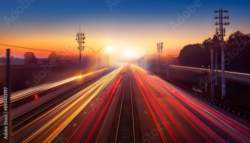 Grainy gradients of vintage abstract decorative colored light passes above the road and the traffic jam on a railway crossing with street lights at sunset
