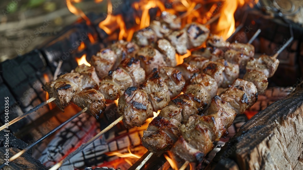Delicious shish kebabs cooked over an open flame Delicious shish kebabs cooked over an open flame