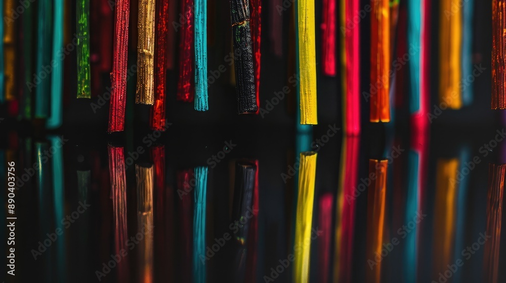 Detailed Look at Multicolored Wooden Sticks on Dark Reflective Surface Detailed Look at Multicolored Wooden Sticks on Dark Reflective Surface