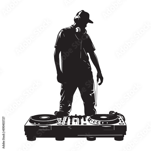 Simple male dj silhouette, black vector illustration on white background