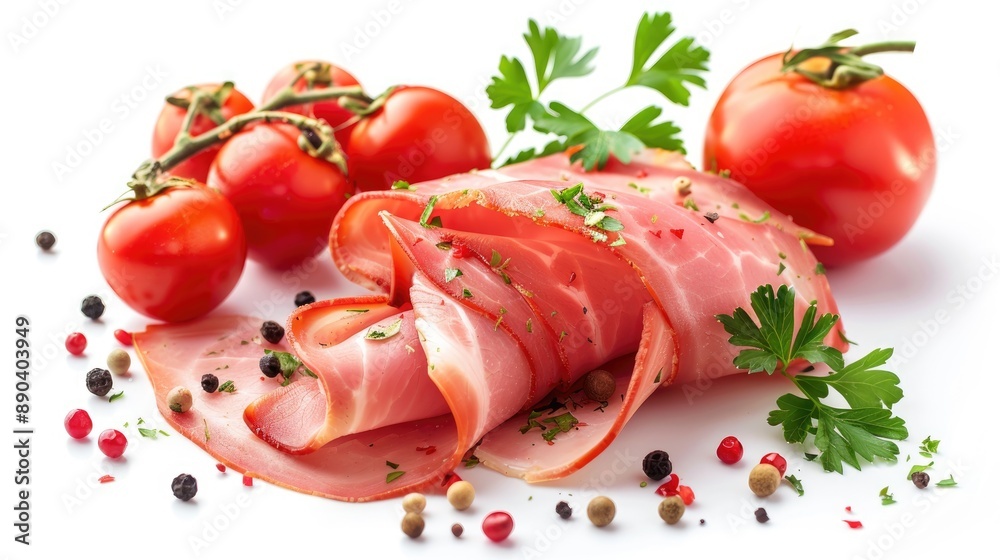 Delicious ham with cherry tomatoes parsley and pepper on white background Delicious ham with cherry tomatoes parsley and pepper on white background
