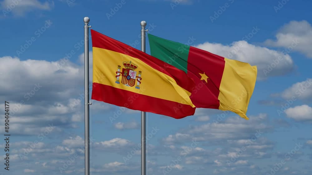 Cameroon and Spain flags flying together, video concept of the relationship, two country relations concept Cameroon and Spain flags flying together, video concept of the relationship, two country relations concept