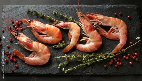 herbs and spices on wooden table, cooked shrimp on a plate, shrimps on a wooden board, shrimps on a plate, wallpaper crevettes disposées sur une ardoise agrémentées de thym et de poivre rose photo