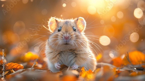 Cute mouse in autumn leaves - generative ai photo