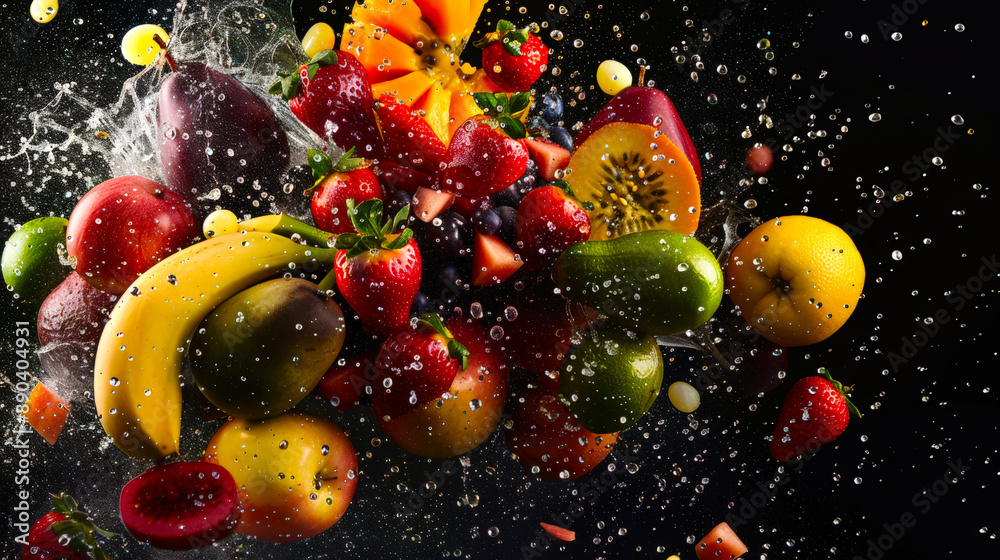 A bunch of fruits and berries are falling from the sky. Among the fruits are apples, oranges, bananas and strawberries. Sweet gifts of summer on a black background. Drops of water A bunch of fruits and berries are falling from the sky. Among the fruits are apples, oranges, bananas and strawberries. Sweet gifts of summer on a black background. Drops of water