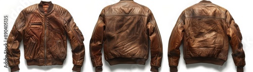 Brown leather jacket isolated on white background. Front, back and side views.