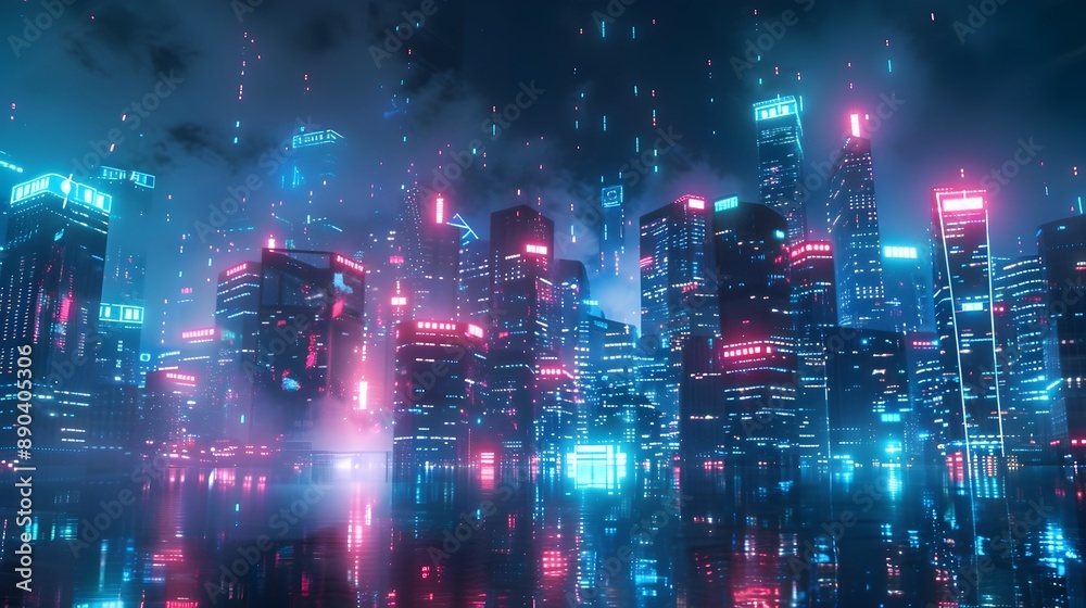Futuristic Neon Lit City Skyline with Dynamic Digital Displays Futuristic Neon Lit City Skyline with Dynamic Digital Displays