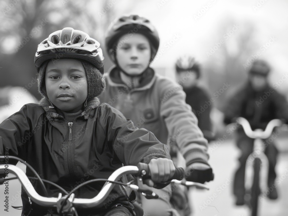 Group of kids enjoying a day out, biking down the street Group of kids enjoying a day out, biking down the street