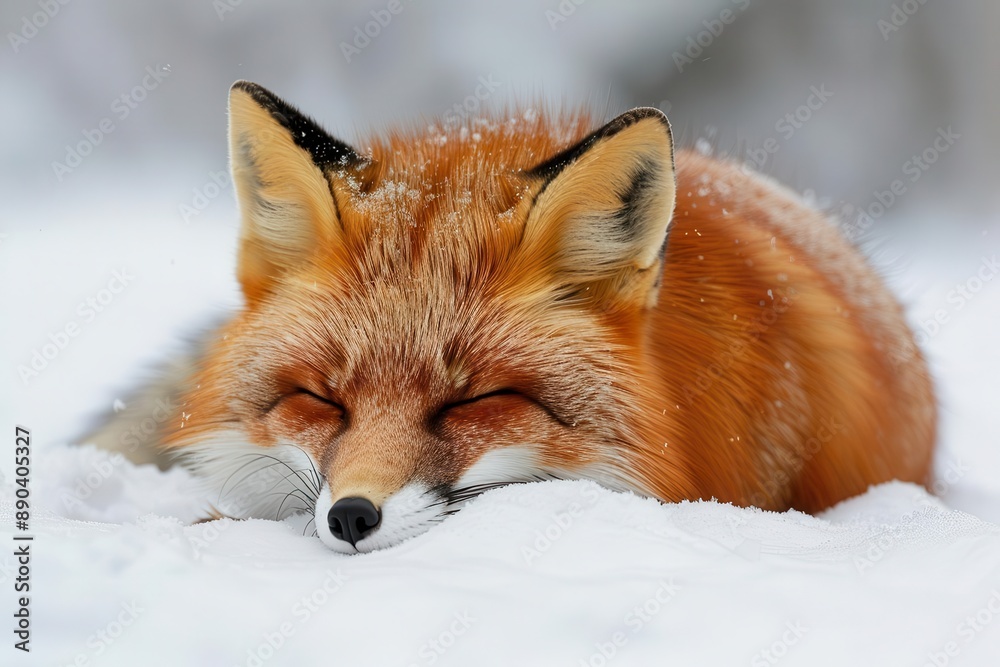 Obraz premium Beautiful red fox peacefully sleeping in the snow, showcasing the serenity of nature and wildlife in a winter wonderland.