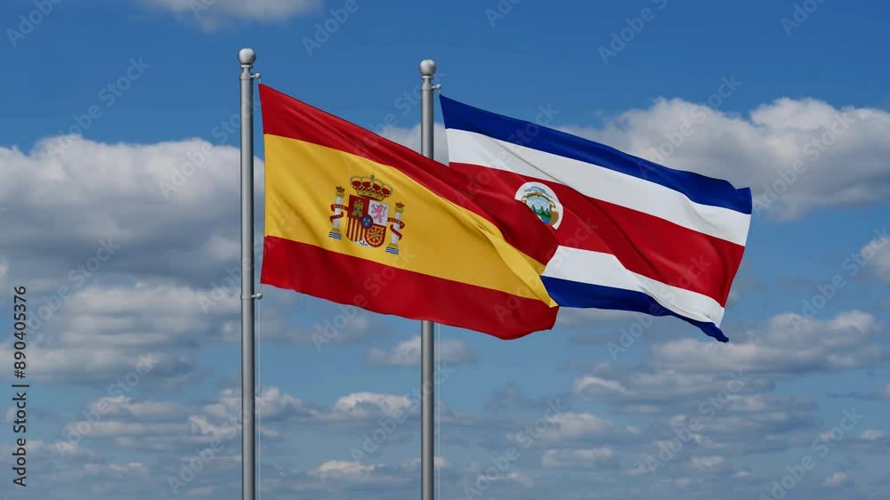 Costa Rico and Spain flags flying together, video concept of the relationship, two country cooperation concept Costa Rico and Spain flags flying together, video concept of the relationship, two country cooperation concept