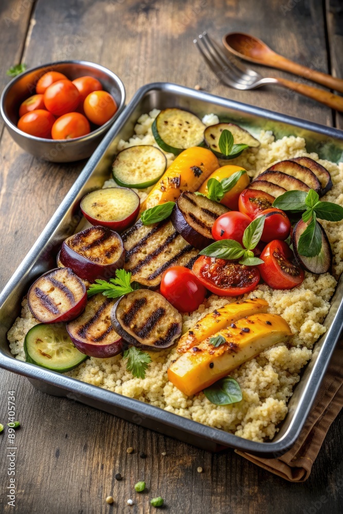 Healthy roasted vegetables in a baking tray. Healthy roasted vegetables in a baking tray.