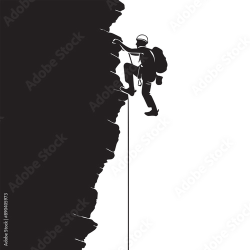 Simple male climber silhouette on the abrupt rock, black vector illustration on white background