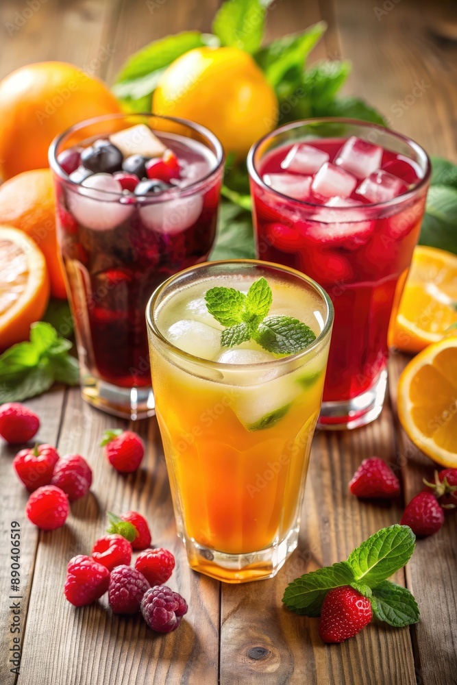 Refreshing fruit drinks with berries and mint leaves. Refreshing fruit drinks with berries and mint leaves.