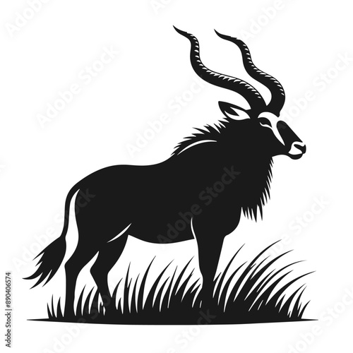 Black and white vector silhouette of a Greater kudu isolated on white background	
