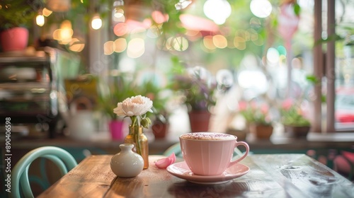 Cozy cafe with a pink cup of coffee and flower decoration photo