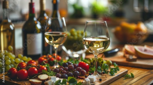 Wine glasses and fresh fruits on a wooden table