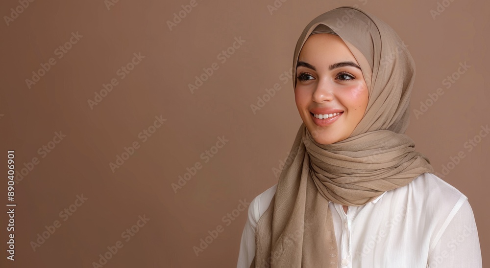 Woman in hijab. Beauty girl portrait in arabic wear on beige background with copyspace for business banner template. Fashion lifestyle and traditional culture