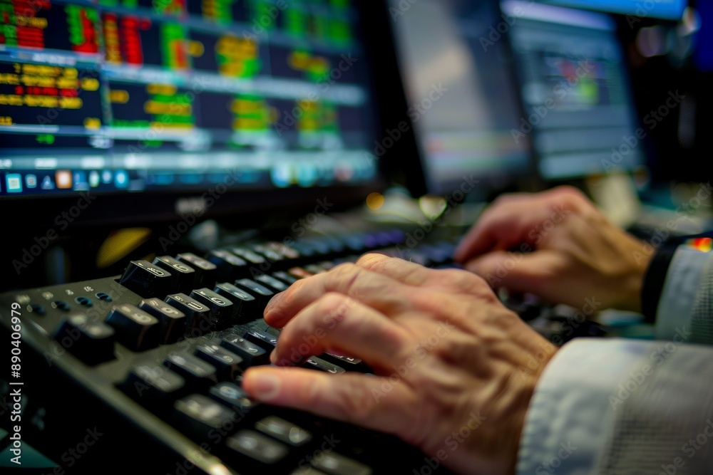 Stock Trader Typing Commands with Live Charts and Indicators on Monitors Stock Trader Typing Commands with Live Charts and Indicators on Monitors