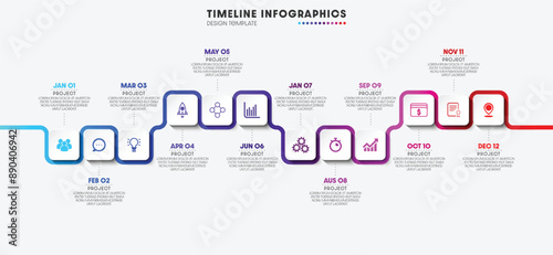 Strategies for Business Success, 12 Steps per Year Project. Infographic process design rounded square format. Vector graphics