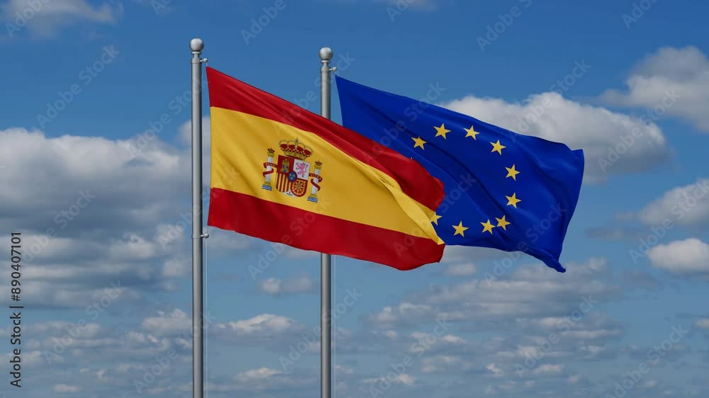 European Union and Spain flags flying together, video concept of the relationship European Union and Spain flags flying together, video concept of the relationship