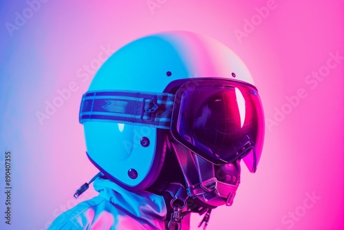 Helmet Positioned to the Right, with Pastel Lavender and Pink Background, Showcasing Modern Design and Sleek Finish photo