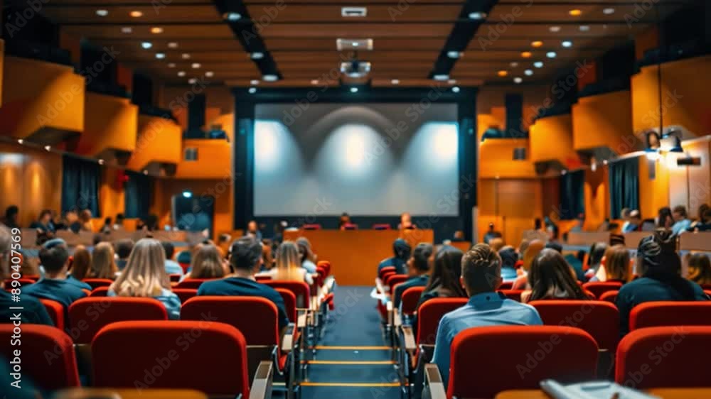 Audience members sit in red seats facing a large movie screen in a theater. Audience members sit in red seats facing a large movie screen in a theater.