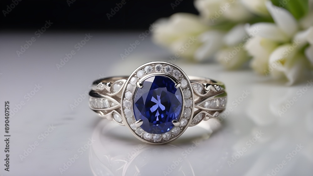 Beautiful ring with a blue sapphire set on a white surface, high quality Neelam stone Beautiful ring with a blue sapphire set on a white surface, high quality Neelam stone