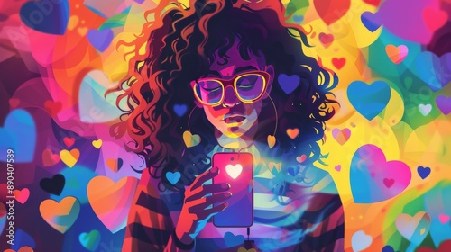 Vibrant Illustration of a Young Woman with Curly Hair and Glasses, Surrounded by Colorful Hearts, Holding a Smartphone