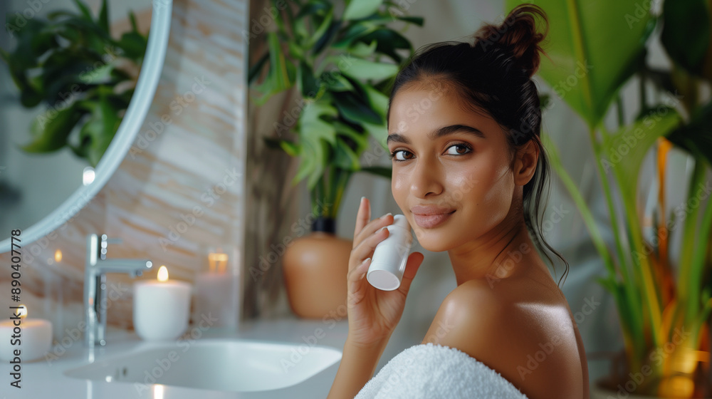 Indian female model with beautiful skin with skincare product mockup. Indian female model with beautiful skin with skincare product mockup.