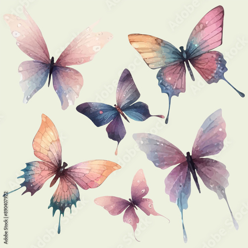 set with various butterflies in watercolor style