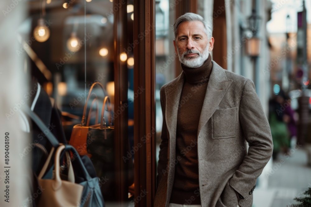 Stylish man entering a city store on a cloudy day Stylish man entering a city store on a cloudy day